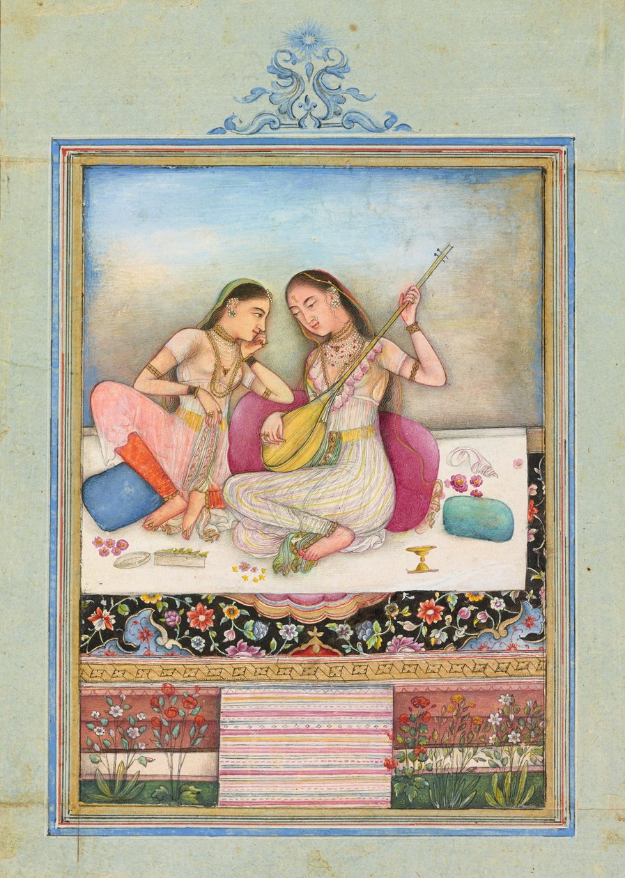 Tyttö soittaa tamburia, kun hänen kumppaninsa kuuntelee, n. 1660 tekijältä Indian School