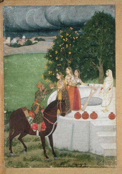 Ratsastettu prinssi saamassa vettä naisilta kaivossa, pienoismalli Murshidabadista, n. 1760 (guassi paperilla) tekijältä Indian School