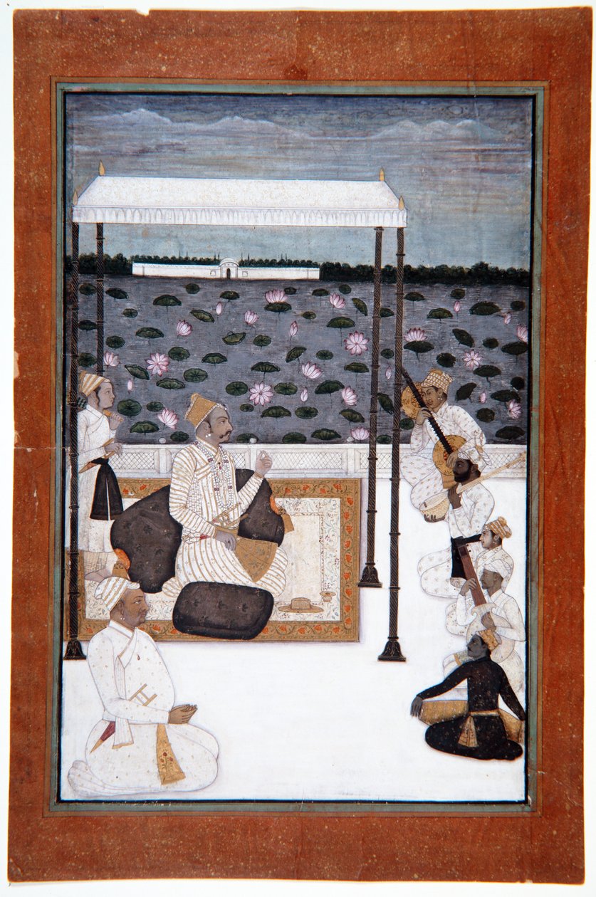 Aatelinen kuuntelee musiikkia katoksen alla terassilla järven rannalla, n. 1680 (läpinäkymätön wc & kultaa paperilla) tekijältä Indian School
