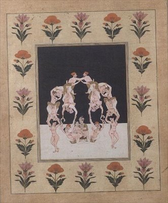 Rakastajapari istuu keinussa, joka koostuu muista kietoutuneista rakastajista, n. 1830 (guassi paperilla) tekijältä Indian School