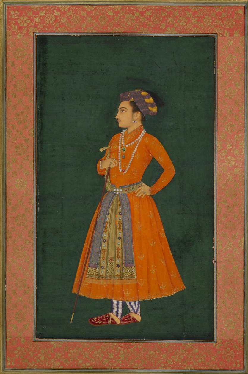 Oranssiin pukeutunut prinssi, kuvitus "The Dara Shikoh Albumista" (mustetta ja kultaa paperilla) tekijältä Indian School