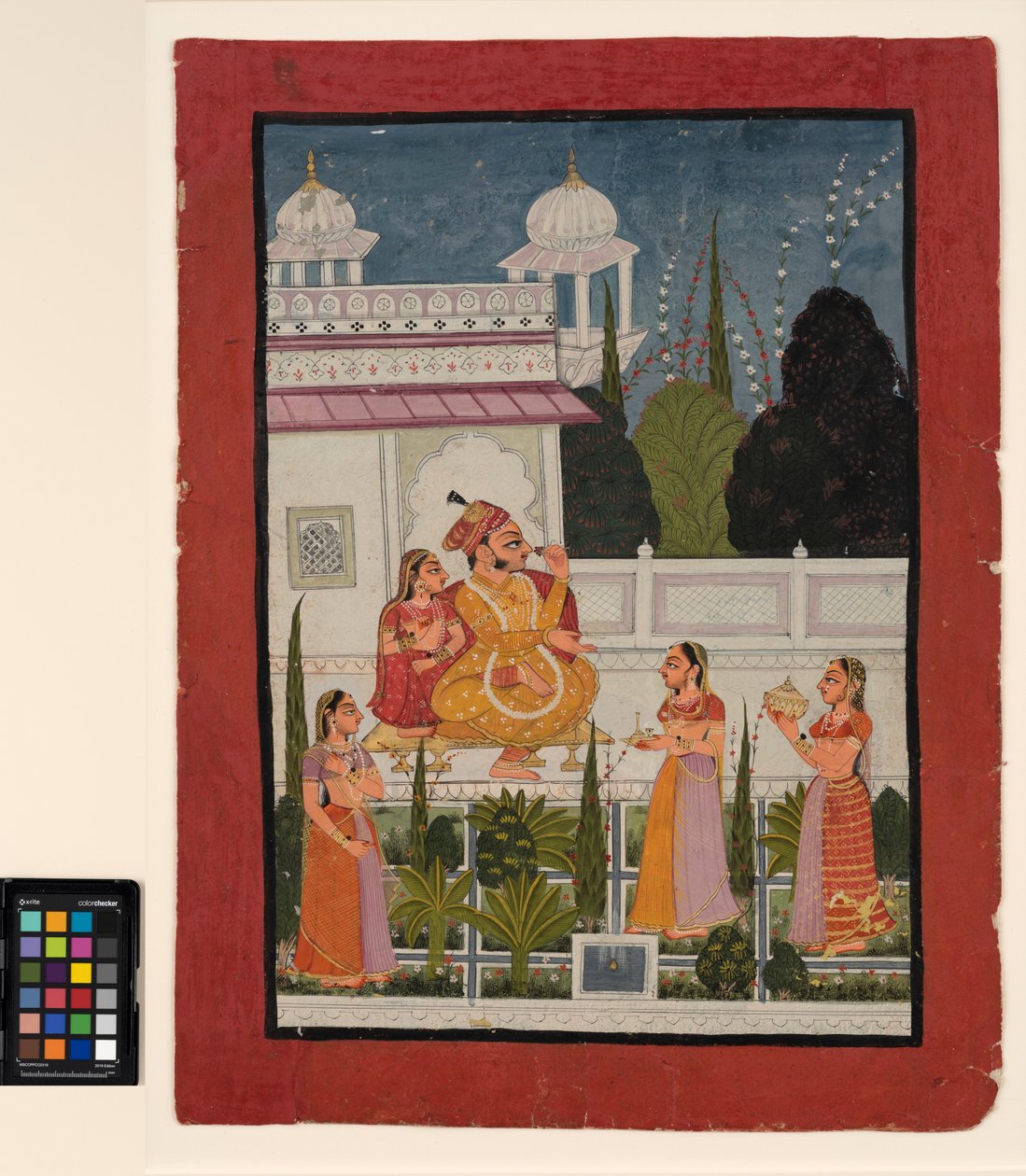 Raja terassilla ranin kanssa, mukana kolme naista, 1700-luvun loppu (läpinäkymätön akvarelli paperilla) tekijältä Indian School