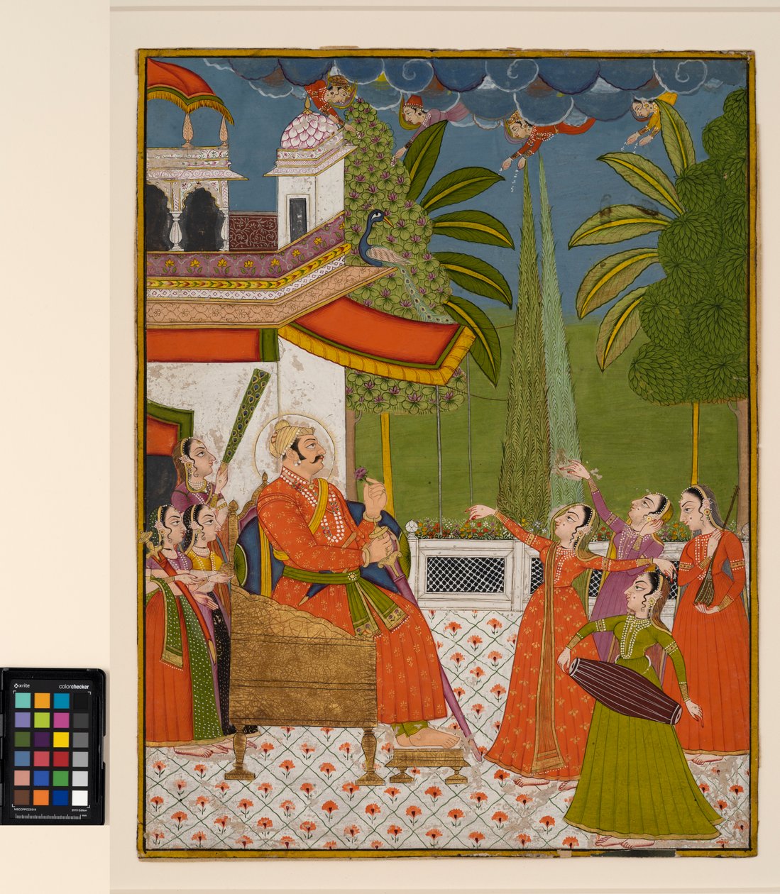 Raja valtaistuimella, jota tanssijat ja muusikot viihdyttävät, n. 1775 (läpinäkymätön akvarelli paperille) tekijältä Indian School