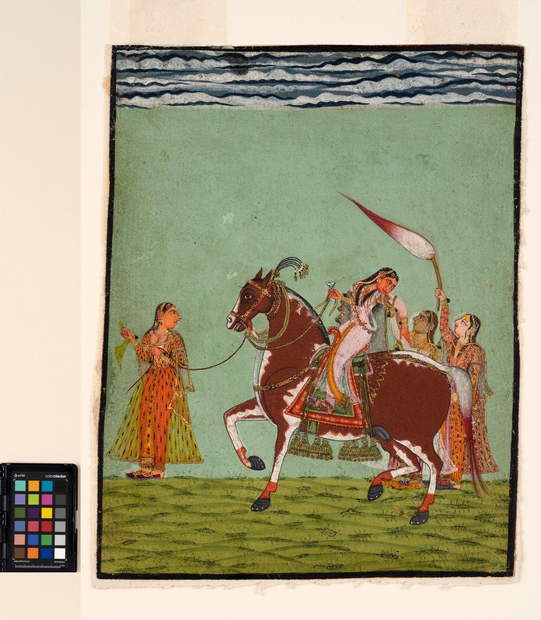 Nainen hevosen selässä kolmen avustajan kanssa, n. 1735 (läpinäkymätön akvarelli paperille) tekijältä Indian School