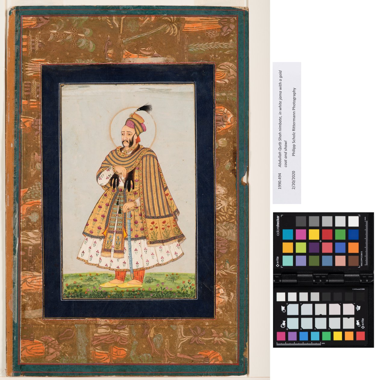 Abdullah Qutb Shah nimbate, valkoinen jama, kultainen takki ja huivi, n. 1680 (läpinäkymätön akvarelli ja kulta paperilla) tekijältä Indian School