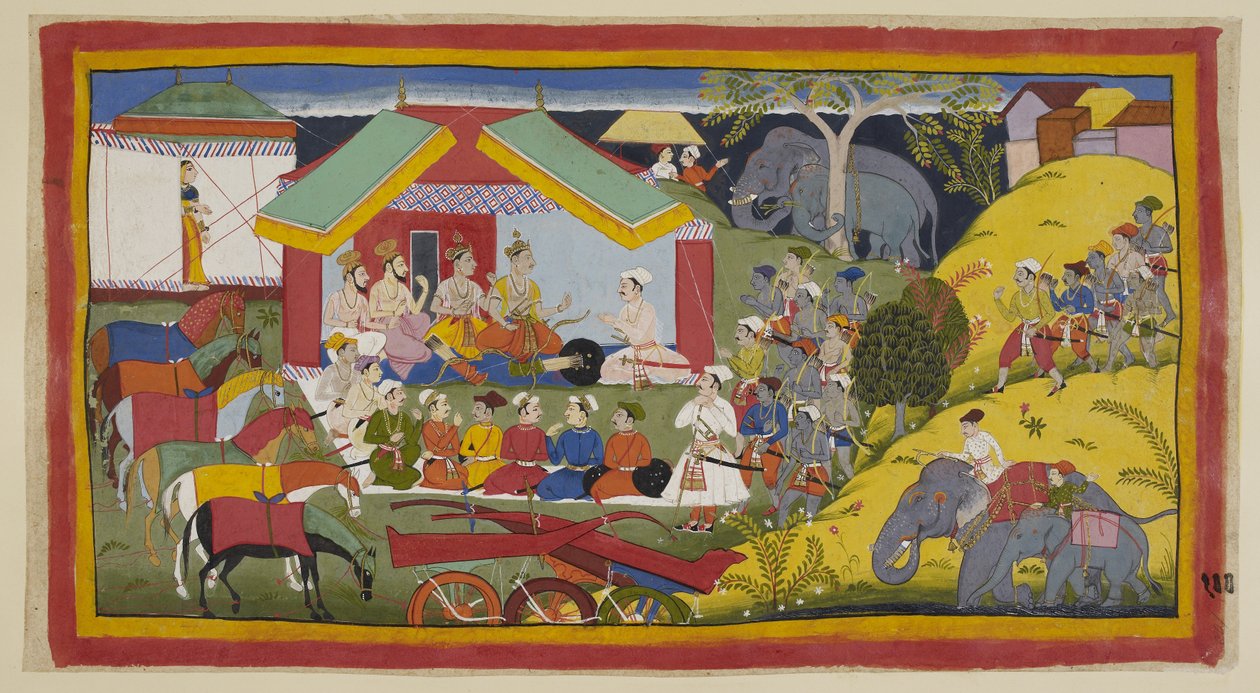 Lisää 15296 (1) f.100r, Bharata ja hänen seuraajansa ovat saavuttaneet Nishadan kuningaskunnan pääkaupungin. Bharata, hänen veljensä ja ministerit istuvat leirillään Ganga rannalla telttansa edessä durbarissa. Nishadaking Guha tulee mukana tekijältä Indian School