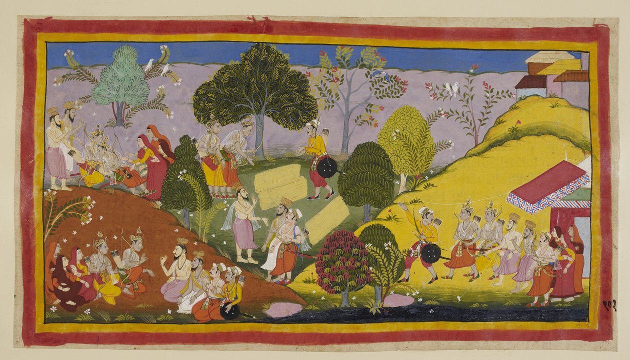 Lisää 15296 (1) f.101r. Vasemmalla Bharata pyörtyy äärimmäisessä ahdistuksessaan kuultuaan Guha