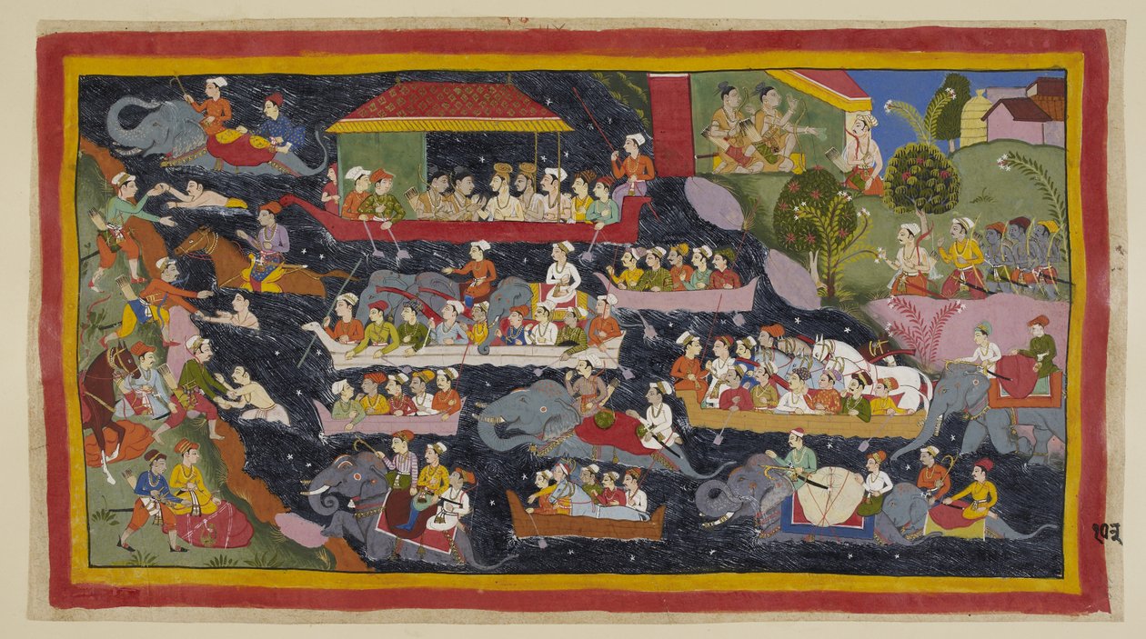 Lisää 15296 (1) f.103r, Kaksi prinssiä ovat nyt päättäneet pukeutua askeettien vaatteisiin kuten maanpaossa oleviin veljiinsä. Edelleen leirillään oikealla Bharata käskee Guhaa hakemaan tarpeeksi veneitä kuljettaakseen heidät kaikki vastakkaiselle rannalle tekijältä Indian School