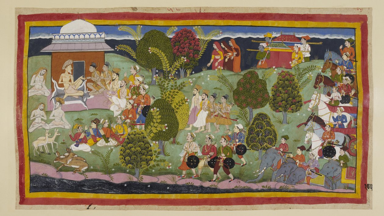 Lisää 15296 (1) f.105r, Kaksi prinssiä, brahminit ja ministerit lähestyvät Bharadvajan erakkoa jalan, kolme kuningatarta kaukana horisontista ja heidän pentueensa. Armeija norsuineen ja vaunuineen odottaa takana. l tekijältä Indian School