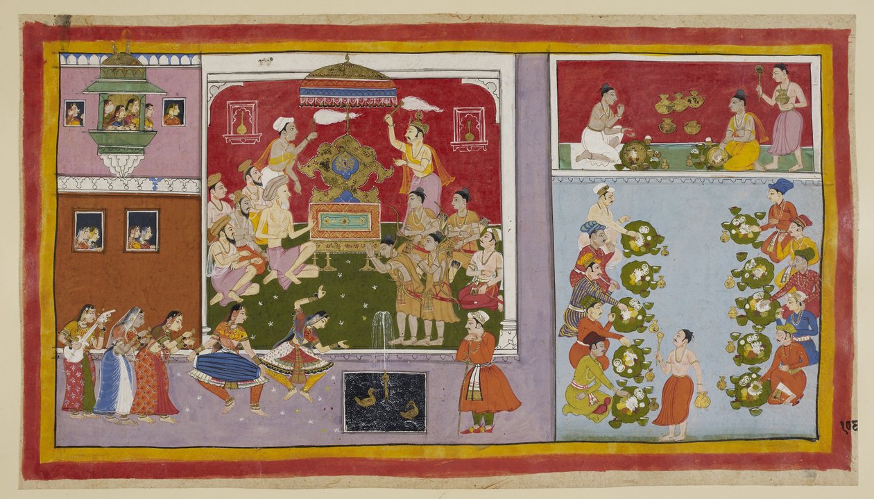 Lisää 15296 (1) f.106r, Bharadvaja on loihtinut taikavoimaillaan palatsin huvipuistoon vieraidensa viihdettä ja virkistystä varten. Bharadvaja ja muut askeetit ja brahminit istuvat valtaistuinsalissa, kun taas kaksi prinssiä tekijältä Indian School