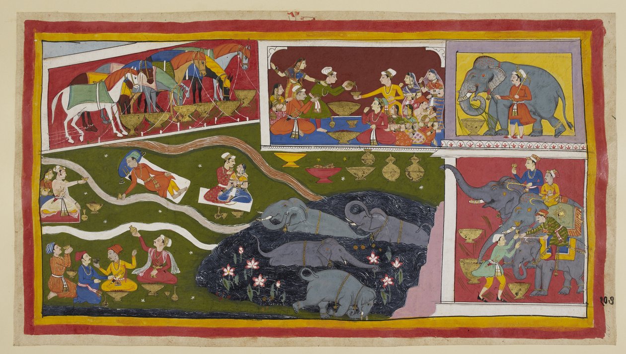 Lisää 15296 (1) f.107r, Hevoset, norsut ja sotilaat nauttivat myös Bharadvajan vieraanvaraisuudesta. Hevoset vaeltavat ja sidottuina syövät suuria kultaisia astioita; samoin norsuja, jotka esitetään tässä sokeriruo