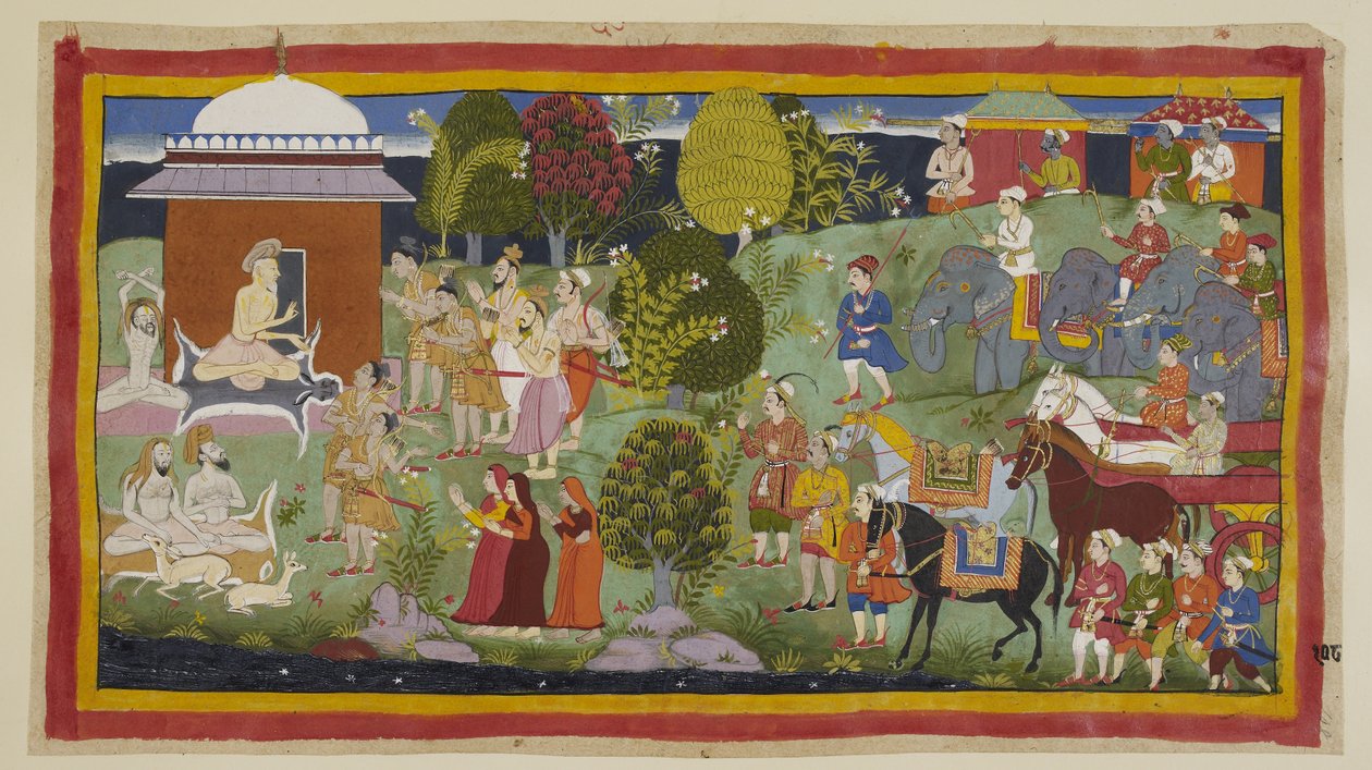 Lisää 15296 (1) f.108r, Bharadvaja, joka istuu mökin ulkopuolella muiden askeettien ja peurojen kanssa, tiedustelee ruhtinailta, ovatko he nauttineet hänen vieraanvaraisuudestaan. Hän kertoo heille ja heidän seuralaisilleen, että Rama asuu Citrakutassa. Hä tekijältä Indian School
