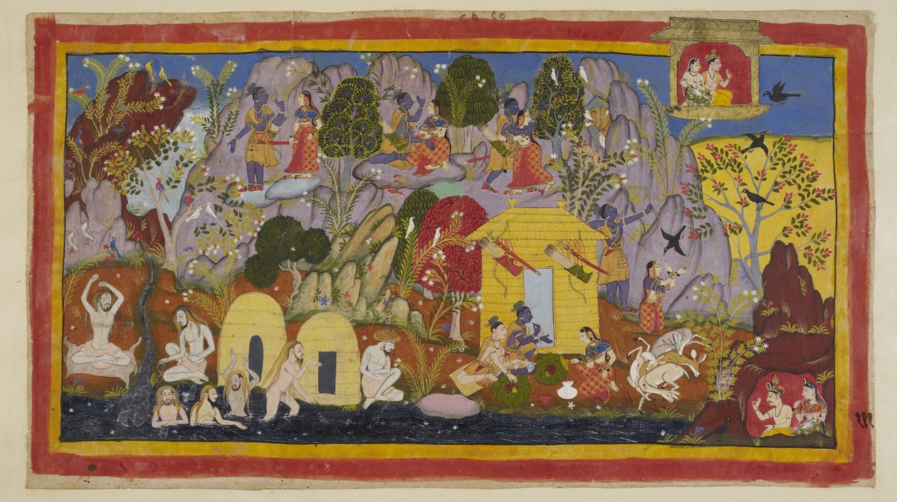 Lisää 15296 (1) f.111r, Sillä välin kaikki on rauhallista maanpakolaisten kanssa heidän asunnossaan Citrakuta-vuorella. Rama esittelee kauneutensa Sita - monia erilaisia ihania puita ja lintuja, jalokivien ja mineraalien värittämiä kiviä ja Mandakina-jokea tekijältä Indian School