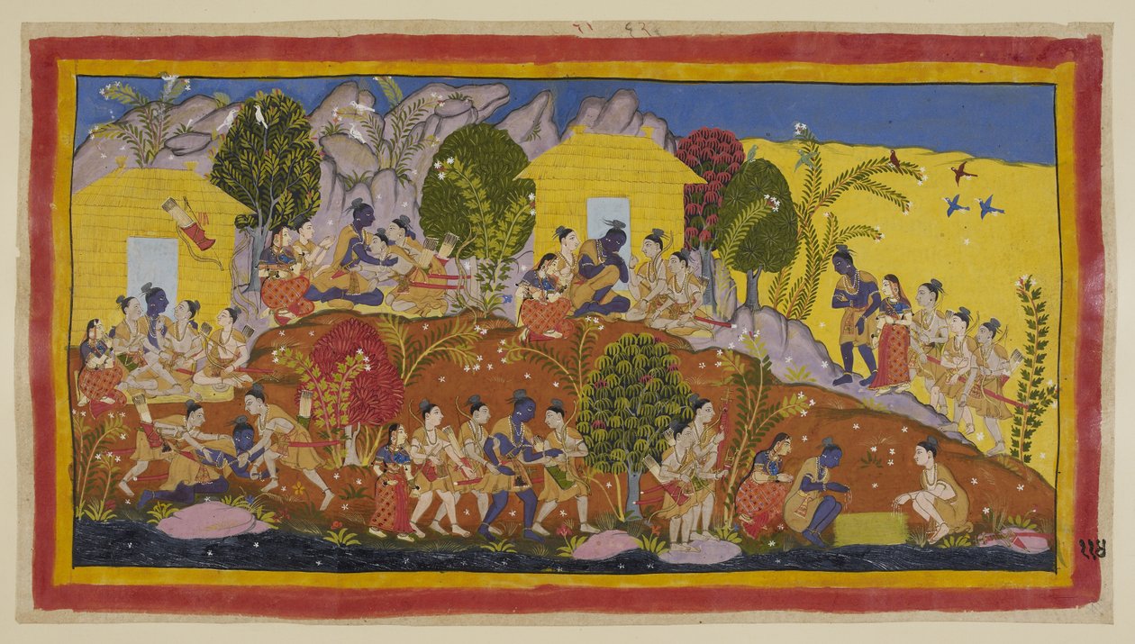 Afegiu 15296 (1) f.114r, A la part superior, al centre, Bharata i Shatrughna es llancen als peus de Rama, que abraça els seus germans petits i fa olor dels caps de Sitaeir. Rama els porta a la falda mentre pregunta pel seu benestar i el del seu pare, i el  tekijältä Indian School
