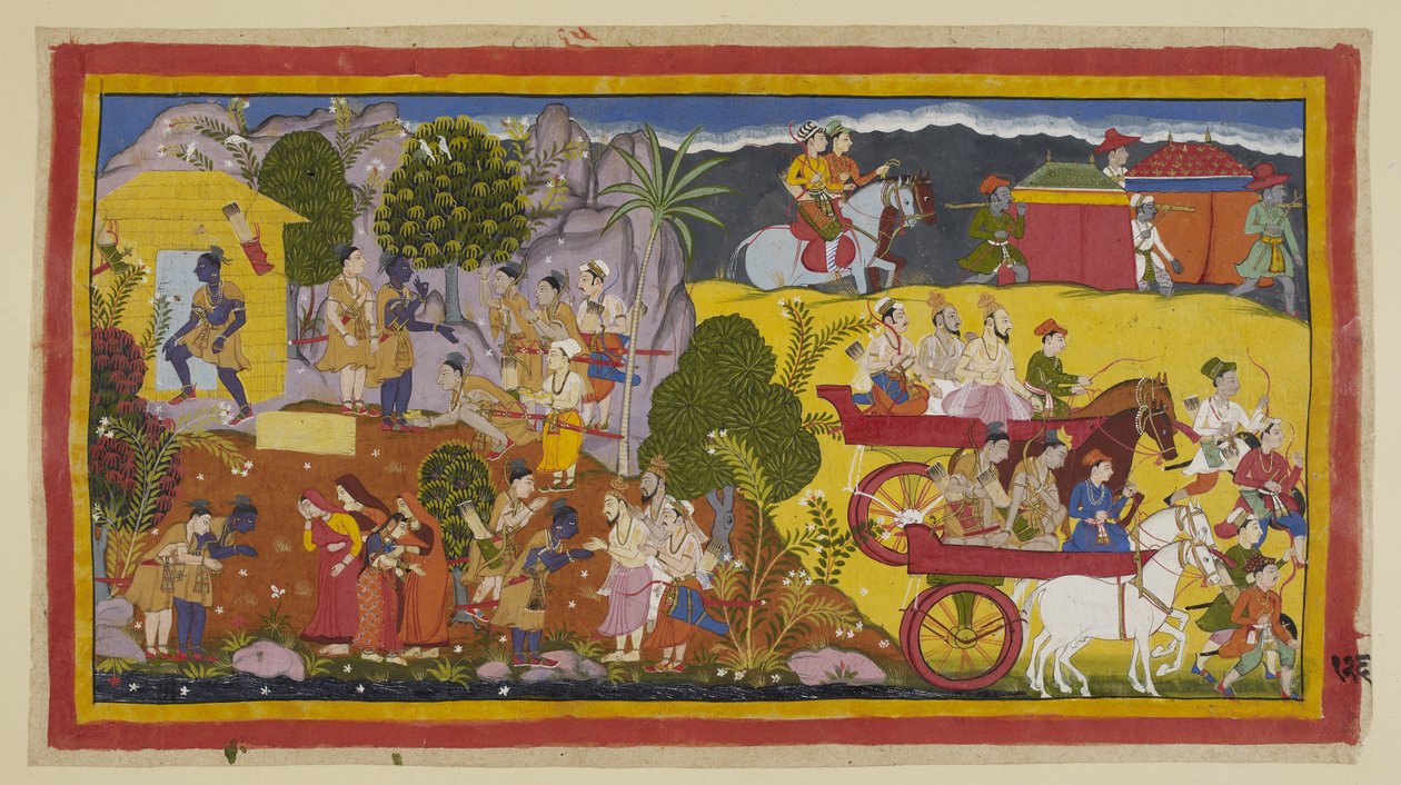 Lisää 15296 (1) f.126r, Huolimatta veljensä rukouksista palata hallitsemaan Ayodhyaa, Rama Ramains pysyy vankkumattomana isänsä käskyn suhteen. Hän onnistuu lopulta suostuttelemaan Bharatan hallitsemaan valtakuntaa palaamiseensa 14 vuoden jälkeen. Bharata  tekijältä Indian School