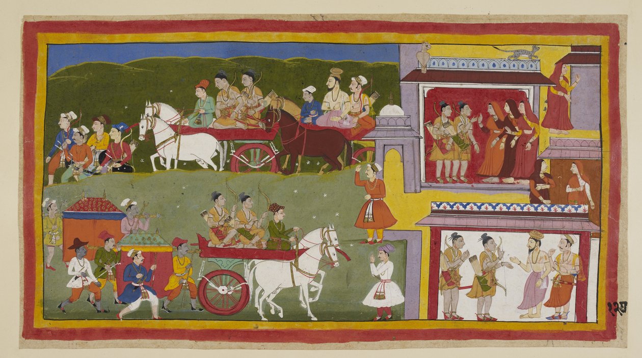 Lisää 15296 (1) f.127r, Kulkue palaa Ayodhyaan, maalauksen alaosaa pitkin, surullinen ja autio kaupunki on kissojen ja pöllöjen kummituspaikka. Bharata ja Shatrughna jättävät luopunsa kuningattareilta ja kertovat Vasisthalle, että he jäävät eläkkeelle N tekijältä Indian School