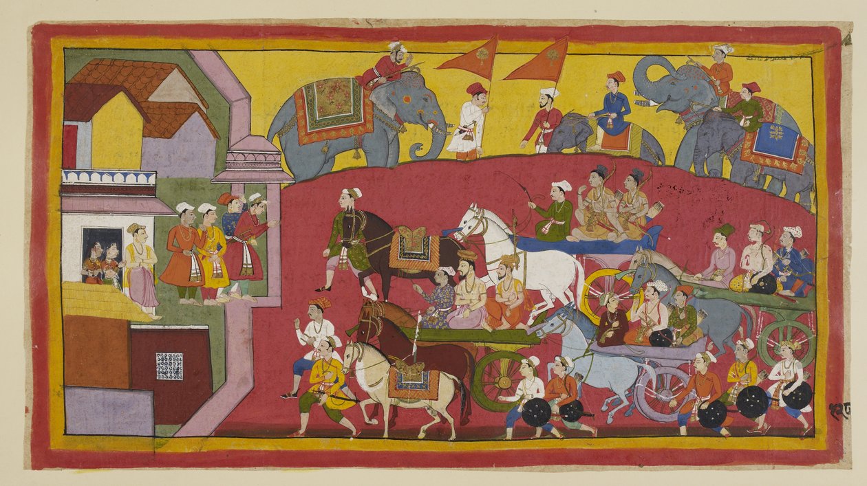 Lisää 15296 (1) f.128r, Vasisthan ja ruhtinaiden vaunut, joihin osallistuu eri ministereitä ja ihmisiä, saapuvat Nandigraman kaupunkiin. tekijältä Indian School