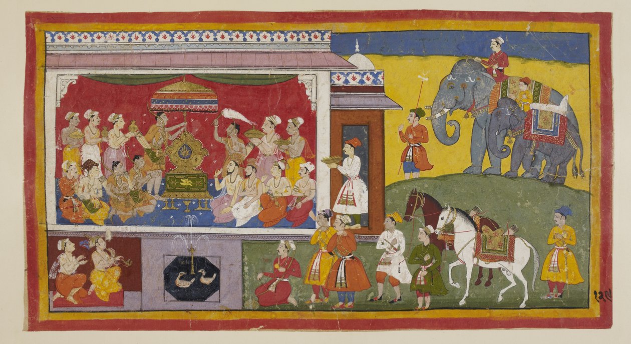 Lisää 15296 (1) f.129r, NandigRaman valtaistuinhuoneessa Bharata asettaa valtaistuimelle Raman sandaalit ja kokoontuneiden pappien ja ministerien kanssa asentaa ne Ayodhyan hallitsijaksi. Heitä kohdellaan vastedes kuin Ramaa itseään. Kaksi prinssiä omassa tekijältä Indian School