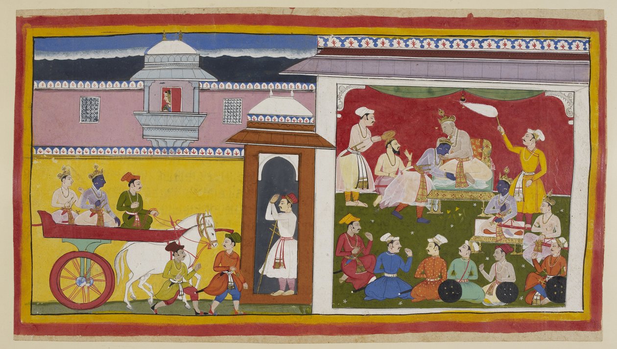 Lisää 15296 (1) f.12r, Sumantra tuo Raman ja Laksmanan vaunuissa Dasarathan durbar-halliin naisen katsoessa ylhäältä alas jharokhan läpi. Kuningas tervehtii Ramaa, ilmoittaa hänelle päätöksestään ja istuttaa hänet pienelle valtaistuimelle viereensä. tekijältä Indian School