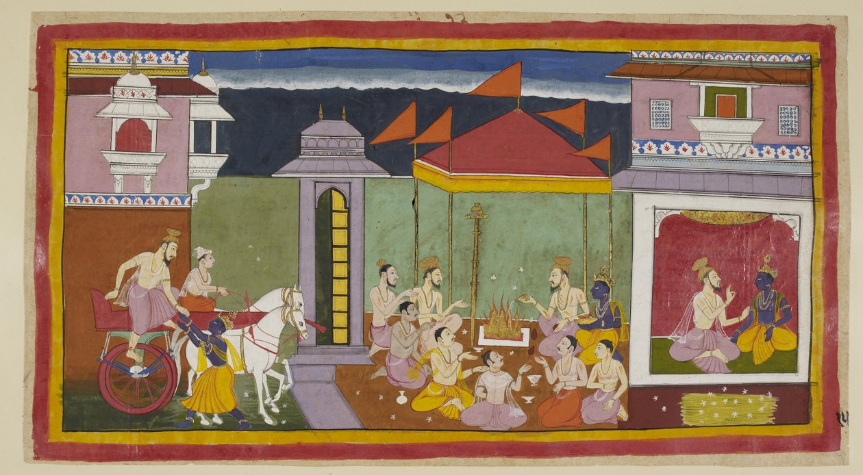 Lisää 15296 (1) f.15r, Vasistha saapuu Raman palatsiin vasemmalla ja nousee Raman avulla vaunuistaan, ja oikealla, istuessaan Raman kanssa, neuvoo häntä pitämään paastoa sinä yönä kuninkaan ohjeiden mukaan. Kasa kusa-ruohoa Ramalle ja Sitille tekijältä Indian School