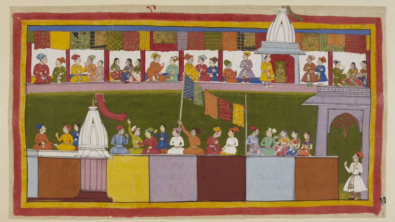 Lisää 15296 (1) f.17r, Sama katu Ayodhyan kaupungissa on nyt täysin koristeltu, ja ihmiset odottavat kulkuetta. He kertovat toisilleen, kuinka viisas kuningas on ja kuinka onnekkaita he ovat saaneet Raman uudeksi suojelijakseen. tekijältä Indian School