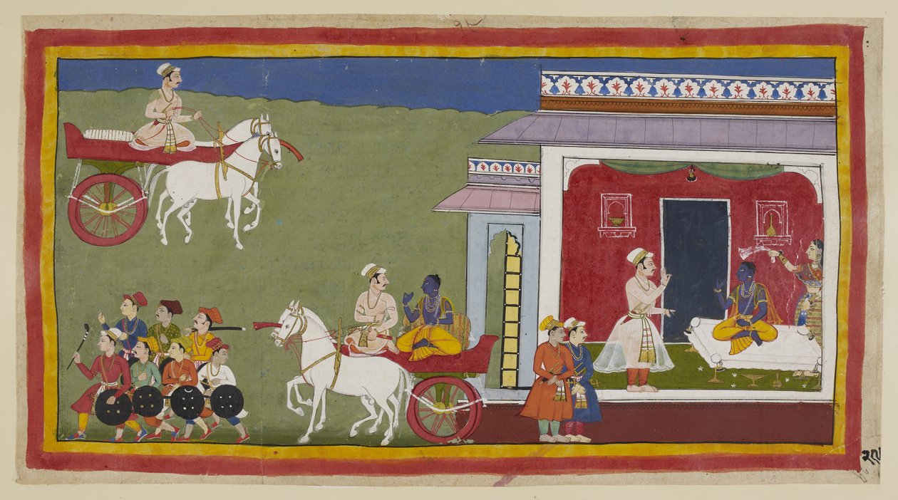 Lisää 15296 (1) f.29r, Sumantra saapuu vaunuissa Raman palatsiin, löytää hänet istumasta sohvalla, nyt pukeutuneena keltaiseen dhotiin ja uttaraiyaan aikaisemman nykyasunsa sijaan, ja Sitan heiluttamassa huivia hänen päällänsä. Hänen otsansa on voideltu pu tekijältä Indian School