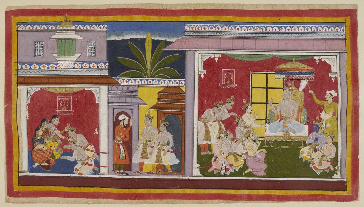 Lisää 15296 (1) f.2r, Ayodhyan valtaistuinhuoneessa (oikealla) kuningas Dasaratha istuu neljän poikansa, ministerinsä Sumantran ja ylipappinsa Vasisthan kanssa. Yudhajit, kuningatar Kaikeyin veli ja Bharatan äidin setä, on tullut viemään Bharatan kylään tekijältä Indian School