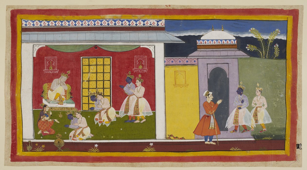 Lisää 15296 (1) f.31r, oikealla Rama ja Laksmana, Rama nyt vaihdettu nykyaikaiseen hoviasuun, lähesty Kaikeyin palatsin porttia ja, jättäen sandaalinsa ovelle, tule katsomohuoneeseen. He polvistuvat kunnioittavasti dej:n edessä tekijältä Indian School