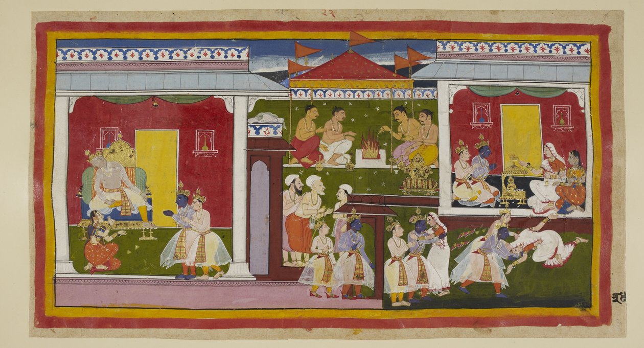 Lisää 15296 (1) f.34r, Rama hyväksyy karkotuksensa täydellisellä tyyneydellä, ja hän ja Laksmana jättävät hyväksen Kaikeyille ja Dasarathalle, jotka pää alaspäin ja käännetty katse eivät pysty katsomaan poikaansa. Hän ja Laksmana lähtevät Kaikeyin palatsis tekijältä Indian School