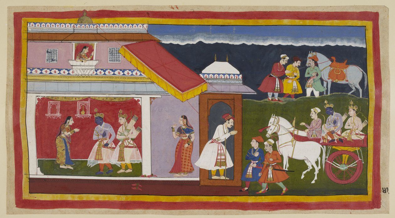 Lisää 15296 (1) f.41r, Saatuaan lopulta äitinsä ja veljensä hyväksymään hänen kohtalonsa rauhallisesti, Rama ja Laksmana palaavat omaan palatsiinsa vaunuissa. Raman pää kumarsi tavanomaisessa nöyryydessä. Heidät kohtaa Sita, joka on ensin näkinyt hänet u tekijältä Indian School