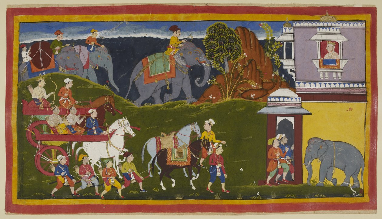 Lisää 15296 (1) f.4r, Bharata, Shatrughna ja heidän setänsä, sekä kiinnittimet ja kaksi johdettua ratsastushevosta, joissa on ladattuja norsuja horisontin takana, saapuvat Kekayan kuninkaan, Bharatan äidinpuoleisen isoisän palatsiin, joka odottaa heitä. ka tekijältä Indian School