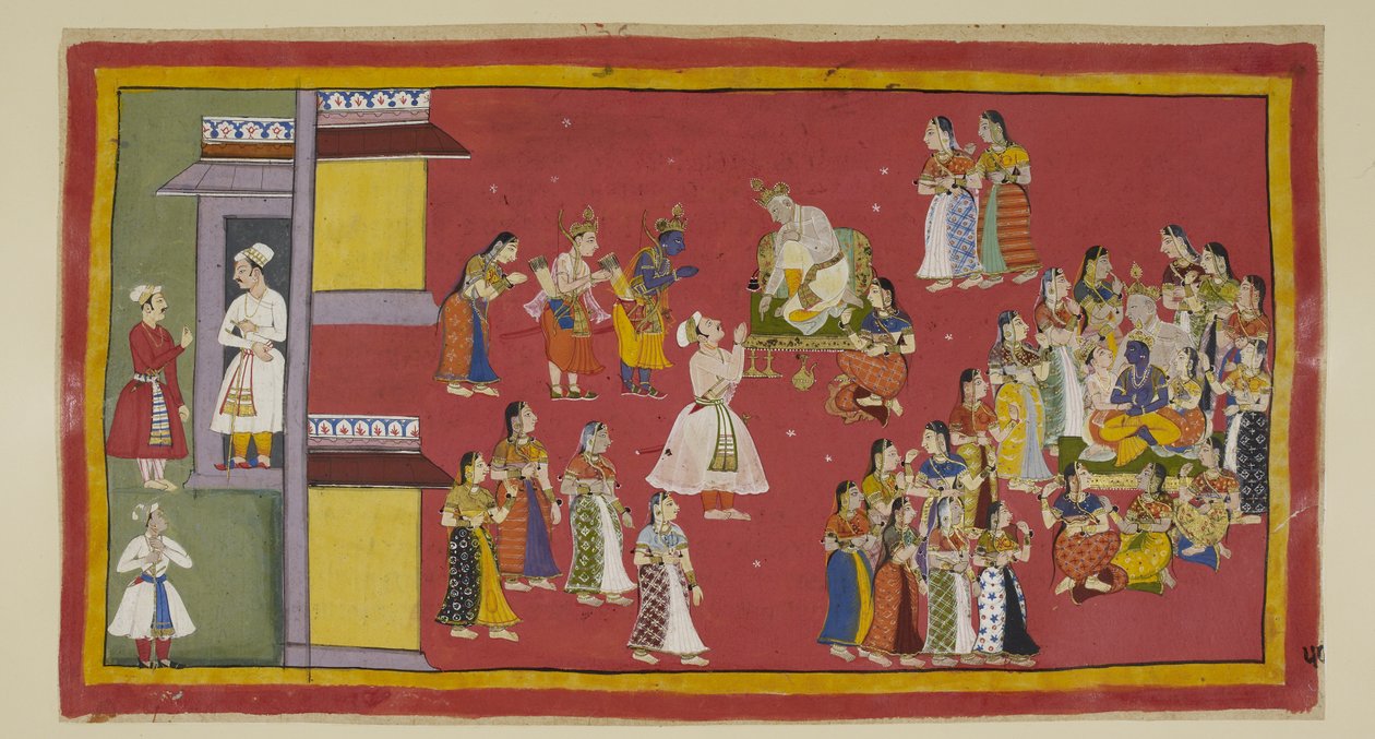 Lisää 15296 (1) f.50r, Dasaratha oli aiemmin käskenyt Sumantran kutsumaan kuningattarensa ja kaikki vaimonsa, jotka nyt ympäröivät kuningasta, kun Sumantra tuo maanpakolaiset sisään jättämään jäähyväiset. Dasaratha yrittää saada Raman olemaan menemättä met tekijältä Indian School
