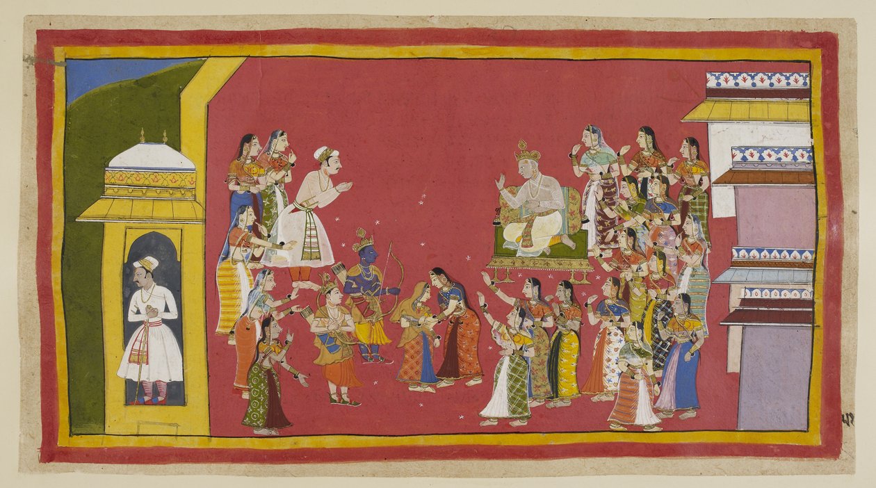 Lisää 15296 (1) f.51r, Toiset ovat yrittäneet järkeillä Kaikeyin kanssa turhaan, ja hän pysyy päättäväisenä. Dasaratha on kehottanut Ramaa viivyttämään hetken, mutta hän on lujasti päättänyt olla lykkäämättä lähtöään. Kaikki, mitä hän ottaa mukaansa, on va tekijältä Indian School