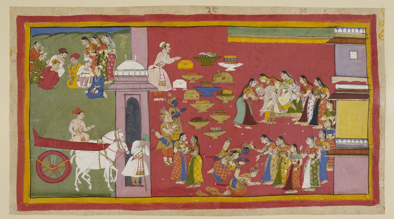 Lisää 15296 (1) f.53r, Oikealla, nähdessään poikansa ja Sitan kuorivaatteisiin pukeutuneena Dasaratha menettää tajuntansa ja putoaa valtaistuimelta. Kolme maanpakolaista polvistuu kuningattarien edessä. Sitaa syleilee Kausalya, joka muistuttaa häntä tarpee tekijältä Indian School