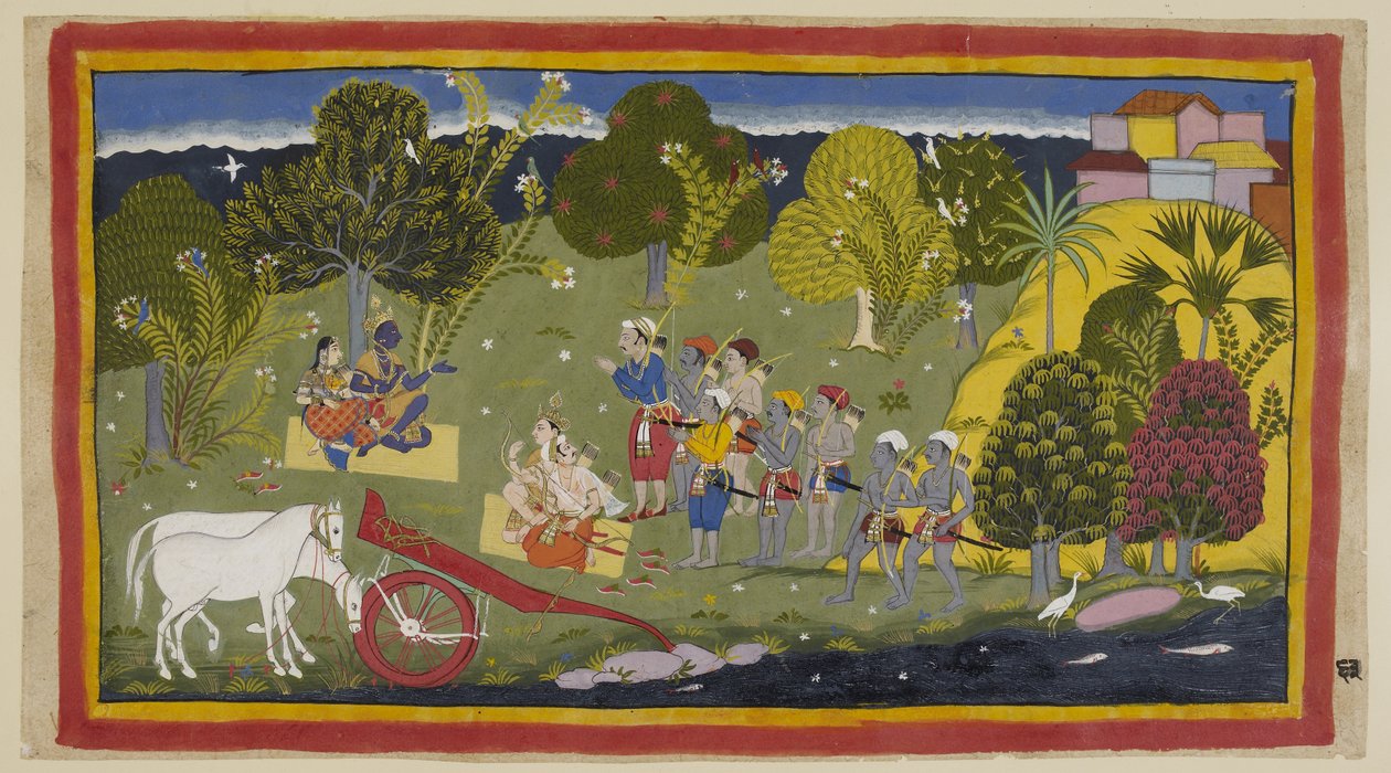 Lisää 15296 (1) f.63r, Toverit ovat saavuttaneet Gangajoen Srngaverapura Raman kohdalla ja Sita istuvat olkimatolla ingudipuuksi tarkoitetun puun alla, kun taas Laksmana ja Sumantra istuvat samalla tavalla heitä päin. Hevoset ovat olleet unhar tekijältä Indian School