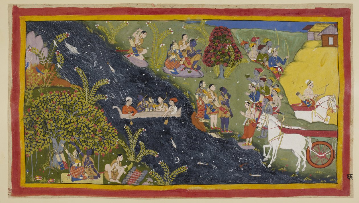 Lisää 15296 (1) f.66r, Seuralaiset ovat saavuttaneet Ganges-joen ja Guha, Nisada-päällikkö, on tullut tervehtimään heitä yhdessä joidenkin ihmisten kanssa heidän läheisestä kaupungista. Rama pyytää häntä tarjoamaan veneen, jotta he voivat ylittää joen. Hän tekijältä Indian School