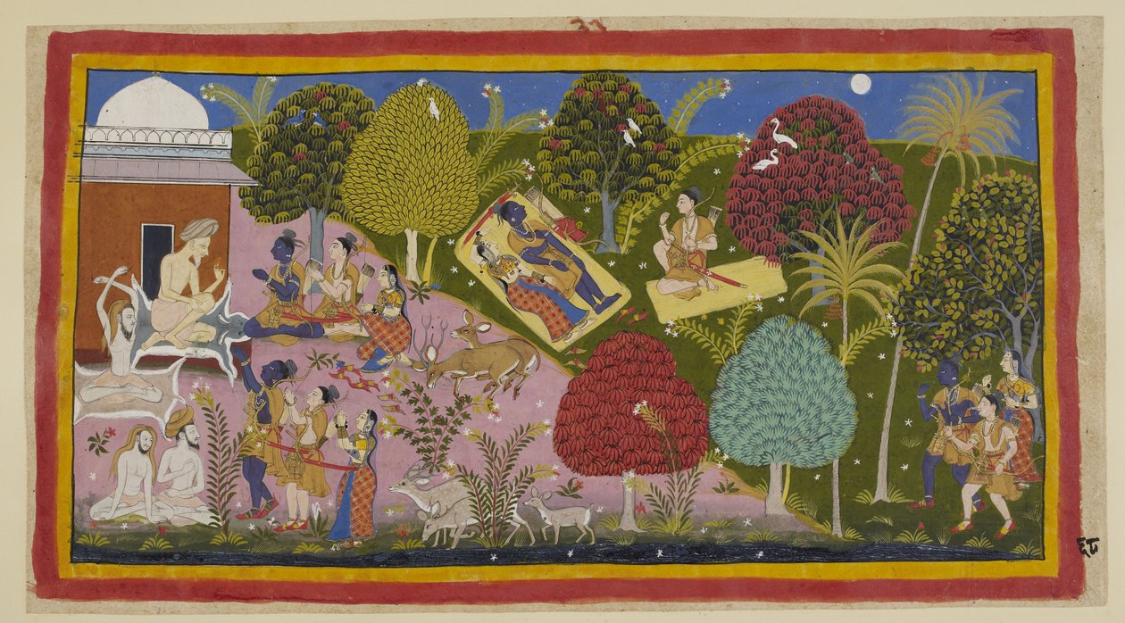 Lisää 15296 (1) f.68r, Ylhäällä keskellä kolme yöpyvät metsässä. Sita ja Rama makaavat samalla matolla, hänen miekkansa ja jousinsa hänen vieressään, kun taas matollaan istuva Laksmana nuhtelee Ramaa antautumasta surulle. Alareunassa he jatkavat sitten hän tekijältä Indian School