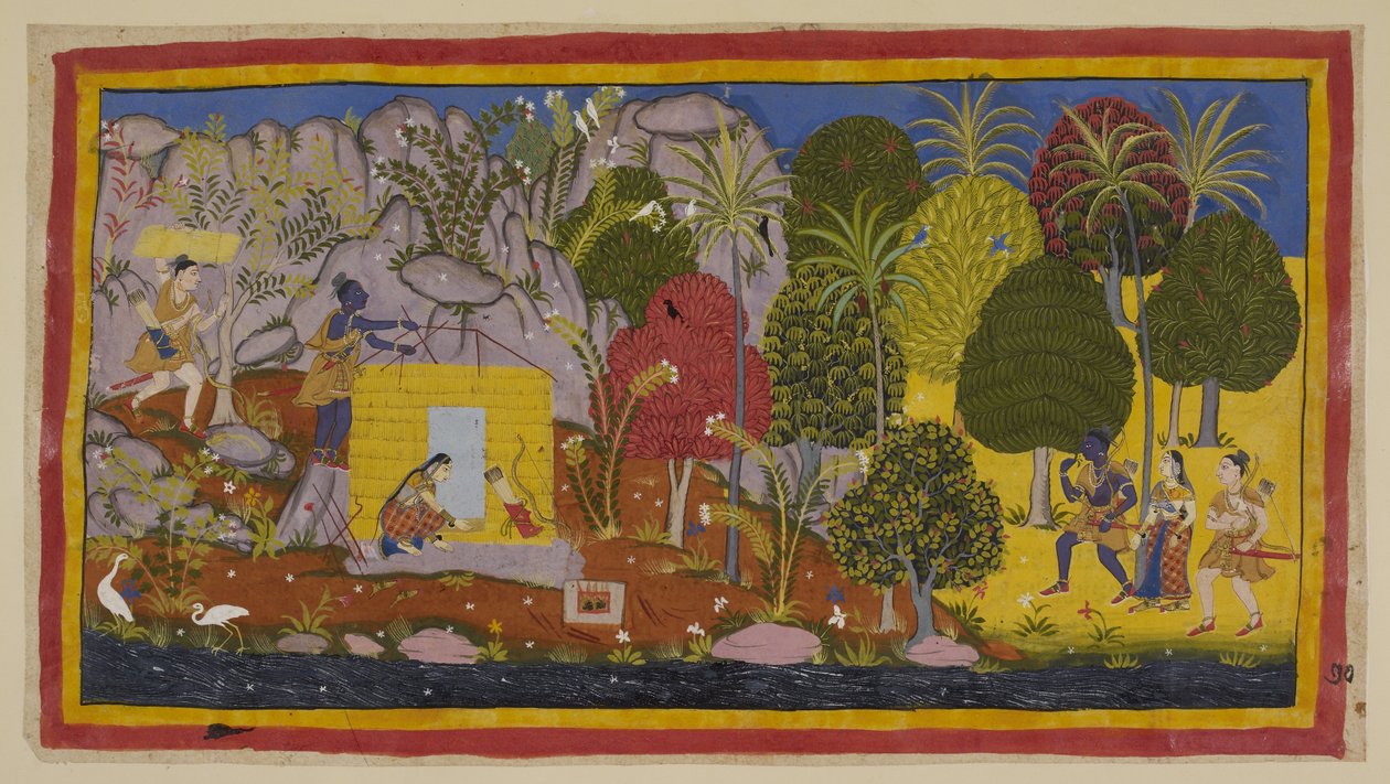 Lisää 15296 (1) f.70r, Kolme maanpakolaista lähestyy Citrakuta oikealta Yamuna-joen rantaa pitkin. Rama ihmettelee vuoren peittäviä kukkivia puita ja kasveja. Vasemmalla, tasaiselle alueelle lähellä jokea, kaksi veljestä rakentavat hu:n tekijältä Indian School