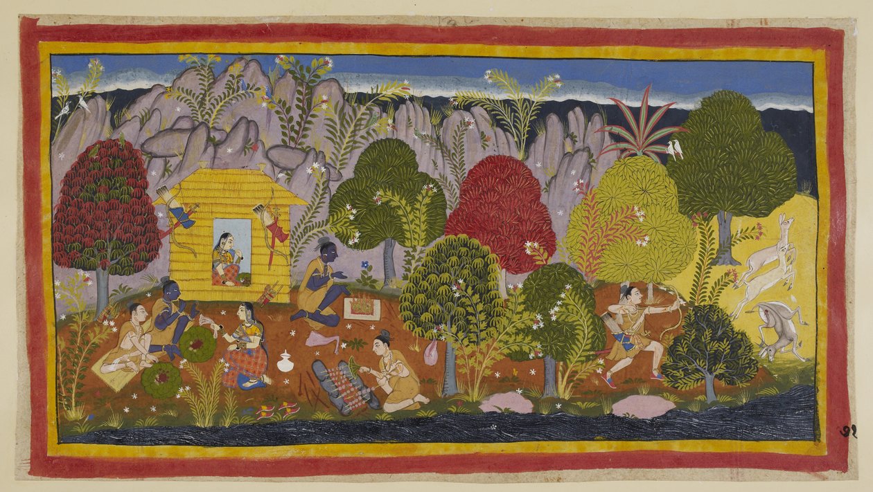 Lisää 15296 (1) f.71r, Ennen kuin he saavat asua mökissä, on tehtävä uhrilahjoja johtaville jumalille. Laksmana metsästää peuroja oikealla ja palaa kota keittämään sitä; Rama tarjoaa osan siitä uhrauksena. Sitten kaksi veljeä syövät samalla tekijältä Indian School