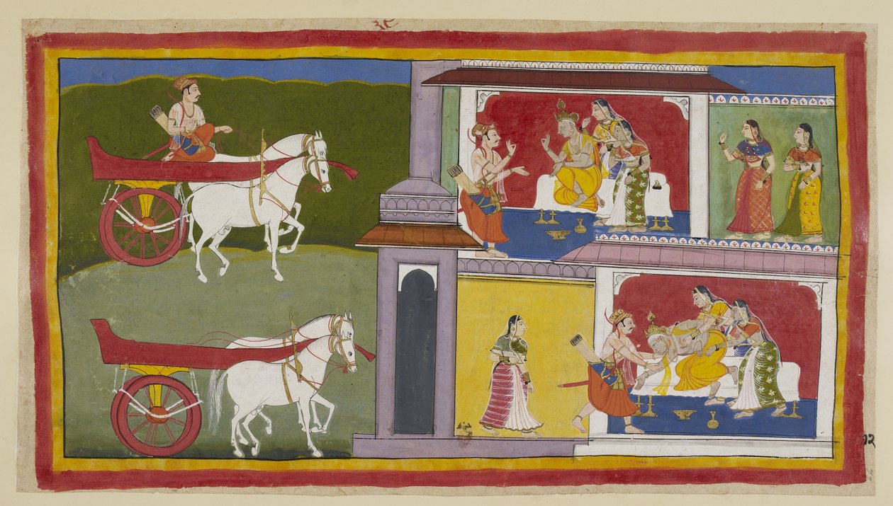 Lisää 15296 (1) f.72r, Vasemmalla Sumantra palaa Ayodhyaan ja astuu palatsiin antaakseen Raman viimeisen viestin kuninkaalle, joka istuu Kausalya ja Sumitra viereensä. Kuningas kaatuu ja Sumantra ja kuningattaret saavat hänet kiinni. tekijältä Indian School