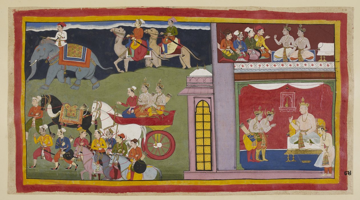 Lisää 15296 (1) f.84r, Yläkammiossa olevat sanansaattajat käskevät ruhtinaita palata Ayodhyaan. Alla valtaistuinsalissa, matkaa varten pukeutuneena, prinssit jättävät jäähyväiset kuningas Kaikeyille ja hänen pojalleen Yudhajitille. He istuvat vaunuihin m:n tekijältä Indian School