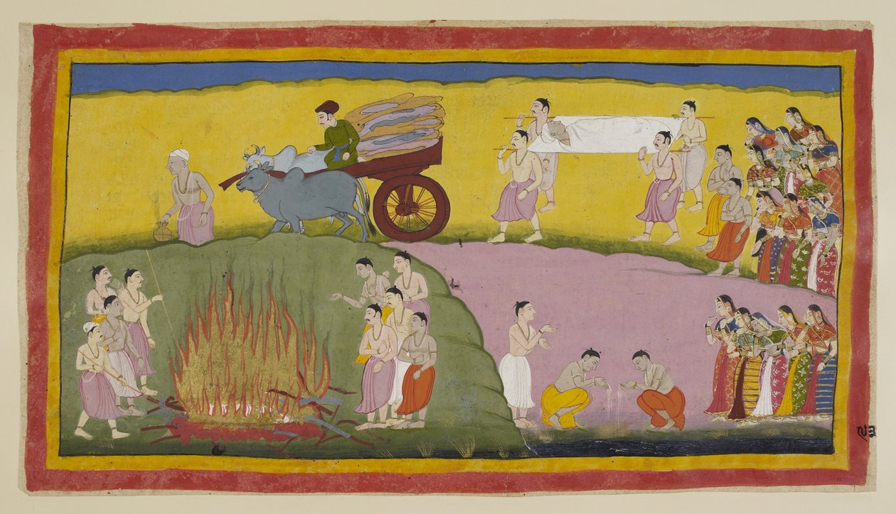 Lisää 15296 (1) f.93r, Dasarathan ruumis on poistettu öljykattilasta ja tuodaan nyt pentueen neljän miehen kantamana palavaan maahan Saray-joen rannalla?. Sitä edeltää puulla ladattu härkäkärry ja sitä seuraa th tekijältä Indian School