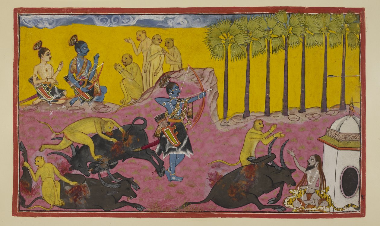Lisää 15296 (2) f.12r, Sugriva ja hänen apinansa, nähtynä ylhäällä vasemmalla, jatkavat Ramalle ja Laksmanalle tarinan kertomista Balista ja Dundubhista. Bali oli niin voimakas, että hän kykeni repimään demonin raajan raajasta ja sitten heittämään ruhon il tekijältä Indian School