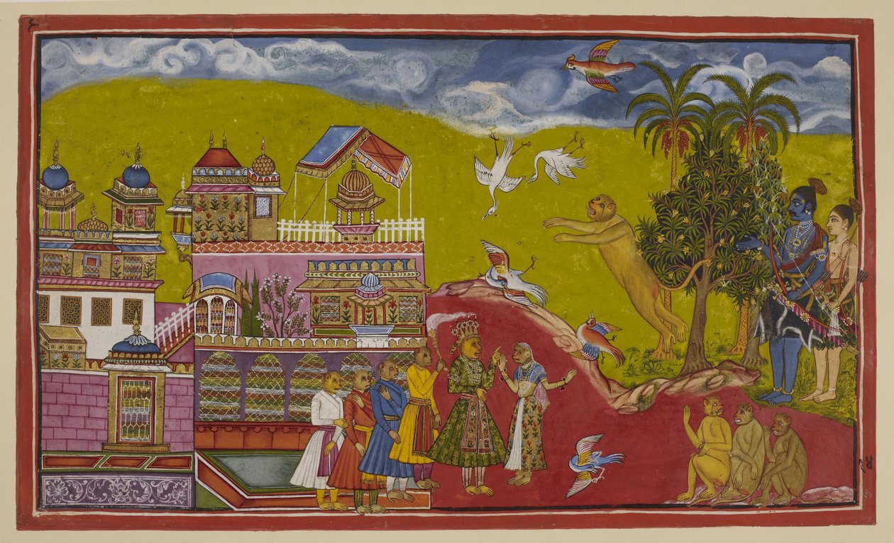 Lisää 15296 (2) f.14r, Sugriva ja hänen liittolaisensa ovat tulleet Balin palatsiin Kiskindhassa. Sugriva karjuu haasteensa niin, että linnut putoavat taivaalta peloissaan. Bali, hänen kuningattarensa Tara ja hänen ministerinsä ovat nousseet esiin kuultuaa tekijältä Indian School