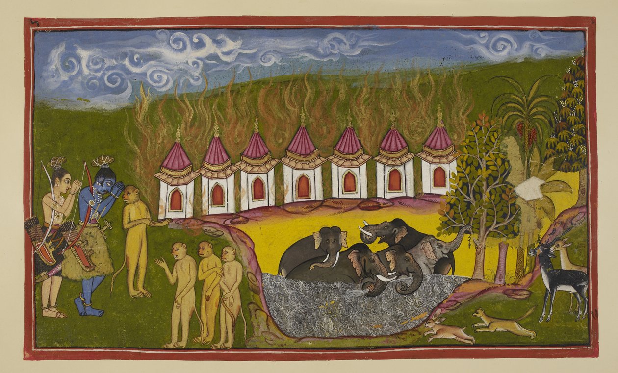 Lisää 15296 (2) f.15r, Sugriva on voitettu ja moittii Ramaa, ettei hän auttanut häntä, mutta Rama kertoo, ettei hän pystynyt erottamaan häntä ja veljeään. Palatessaan Kiskindhaan uusimaan haasteensa Rama ja Laksmana tervehtivät Saptajia tekijältä Indian School