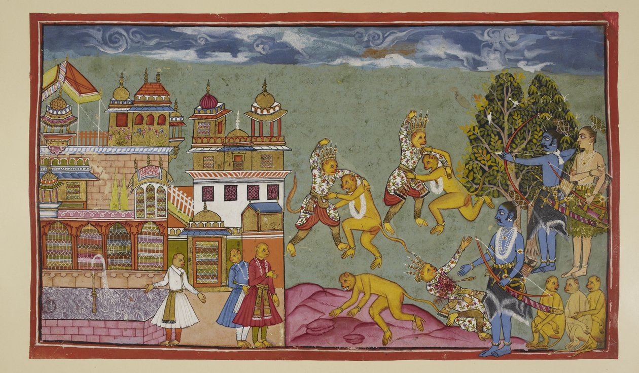 Lisää 15296 (2) f.18r, Palatsin ulkopuolella Sugriva ja Bali lyövät toisiaan raivokkaasti nyrkeillä ja nauloilla ja repivät sitten puita ja kiviä, mutta Bali on vahvempi ja hitaasti Sugrivan on pakko antaa periksi. Kun Rama näkee Sugrivan häviävän, hän k tekijältä Indian School