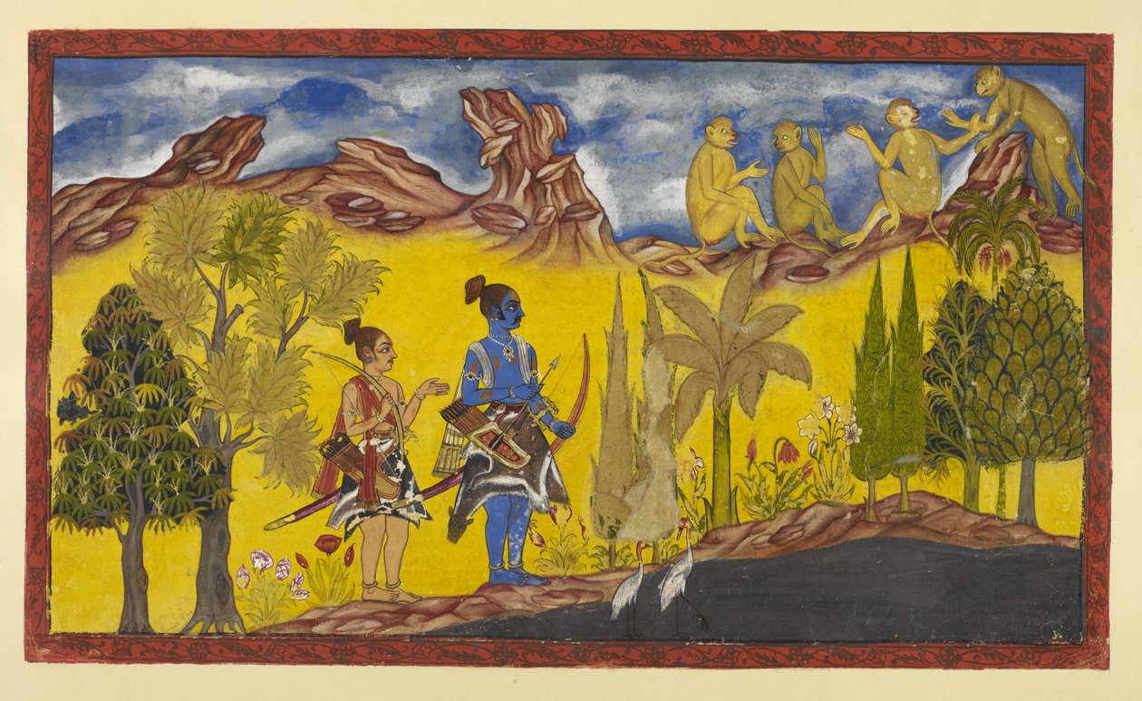 Lisää 15296 (2) f.2r, Rama ja Laksmana etsiessään epätoivoisesti siepattua Sitaa ovat tulleet Pampa-järvelle, joka on lootuksen peittämä ja kukkivien puiden ympäröimä. On kevätkausi ja paritusbi muistuttaa jatkuvasti Ramaa tekijältä Indian School