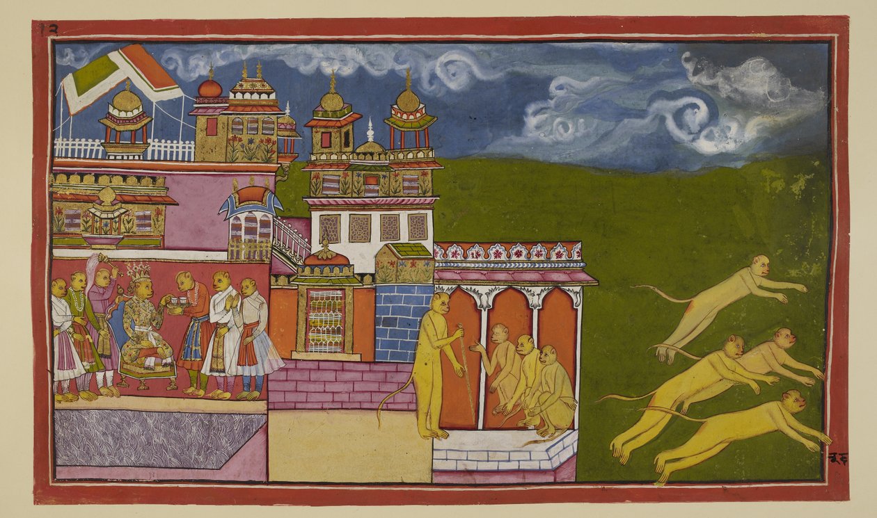 Lisää 15296 (2) f.36r, Tässä hieman sopimattomassa kuvassa valtaistuimellaan istuvaa Sugrivaa, joka vastaanottaa juoman hoitajalta, Hanuman on neuvonut rauhoittamaan Laksmanan vihaa. Sugriva on Hanumanin kehotuksesta lähettänyt sanansaattajia kutsumaan oma tekijältä Indian School