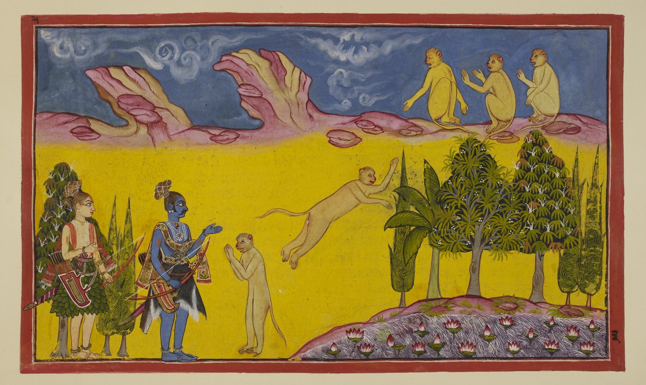 Lisää 15296 (2) f.3r, Sugriva pelkää aluksi, koska hän ajattelee, että hänen anastava veljensä Bali on lähettänyt nämä aseistetut soturit tuhoamaan hänet. Hän lähettää viisaan ministerinsä Hanumanin saamaan lisätietoja kahdesta muukalaisesta. Hanuman esitt tekijältä Indian School