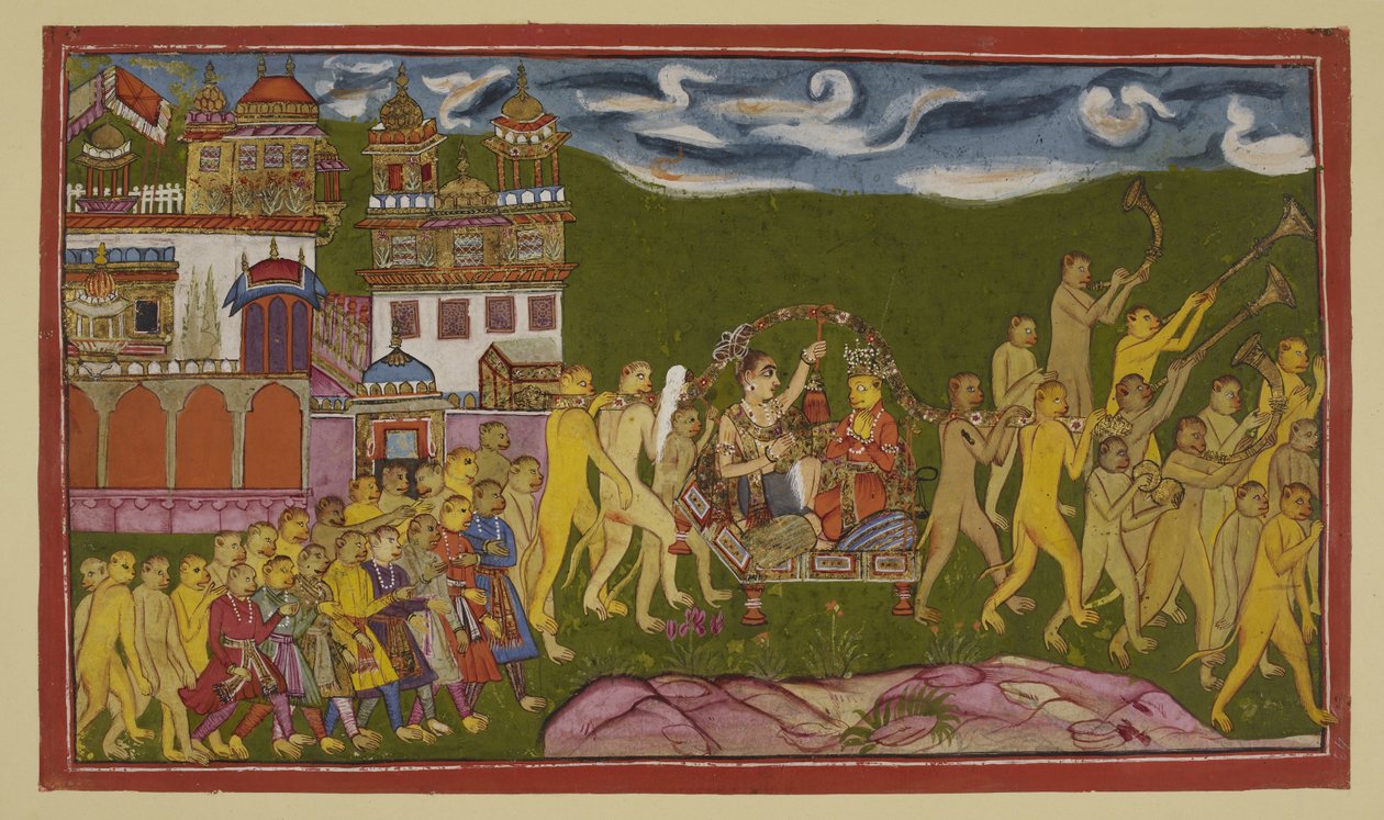 Lisää 15296 (2) f.43r, Sugriva ja Laksmana kuljetetaan kultaisessa pentueessa, jota apinat kantavat, Kiskindhasta tekijältä Indian School